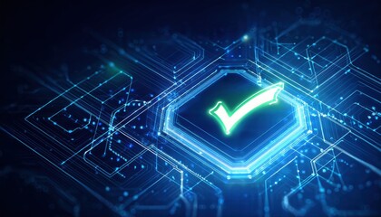 Poster - Glowing green tick symbol on circuit board representing digital approval and connectivity concept