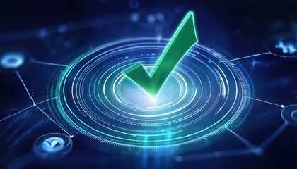 Poster - repeated glowing green tick symbols representing approval and success in digital environment