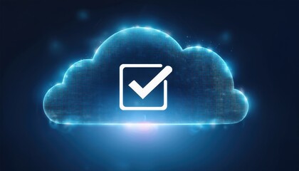Poster - captivating cloud embellished with a check mark symbol indicating approval in a light particle envir