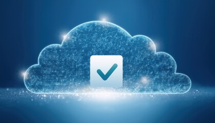 Poster - eye-catching cloud featuring a check mark symbol in a digital space surrounded by ethereal light par