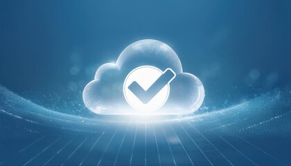 Poster - stunning cloud with a clear check mark symbol in a digital environment surrounded by light particles