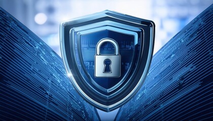 Poster - security shield with lock layered over transparent data sheets showcasing multi-level encryption