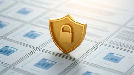 Poster - golden shield icon layered over a digital report background representing data security and safety
