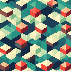 Poster - Isometric Cubes Pattern in Teal, Red, and Cream