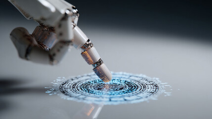 Poster - A robotic hand touching a glowing circular interface on a reflective surface in a close up view