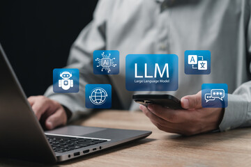 llm, ai large language model concept, businessman use smartphone and application general-purpose lan