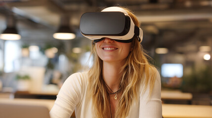 Poster - A woman smiling while wearing a virtual reality headset in a bright and modern office space setting