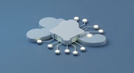 Fototapete - Cloud Computing Technology Concept with Central Processor Communicating Data Through Network Nodes, Emphasizing Connectivity and Modern Digital Infrastructure