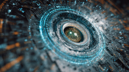 Poster - Abstract technological structure with a golden sphere in the center surrounded by blue light