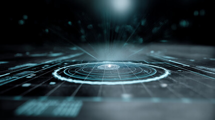 Poster - Abstract futuristic technology interface with glowing circles and lines in a dark environment