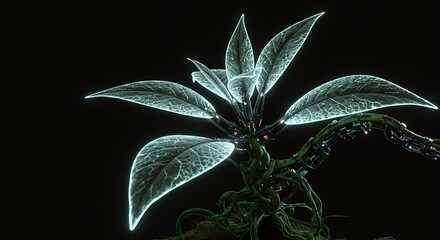 Aufkleber - Futuristic Plant with Glowing Leaves and Mechanical Vines Growing in a Dark Environment, Symbolizing Technology and Nature Intertwined