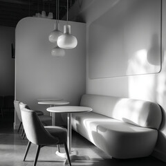 Poster - Interior of a modern cafe with white furniture and hanging lights in monochrome photography style