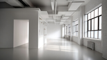 Poster - Bright interior of an empty white room with large windows and ceiling beams and a smooth shiny floor