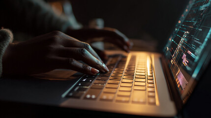 Poster - Close up of hands typing on a laptop keyboard with code displayed on the computer screen in the dark