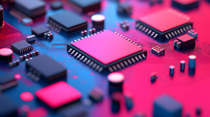 Poster - Close Up Of Circuit Board With Pink And Blue Microchips