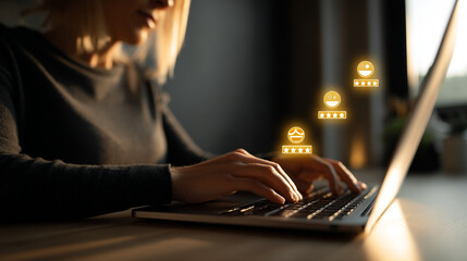 Poster - Woman typing on laptop with rating icons indicating customer satisfaction and feedback online service