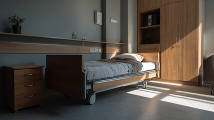 Poster - A hospital room featuring a bed with gray bedding and wooden furniture under bright sunlight rays