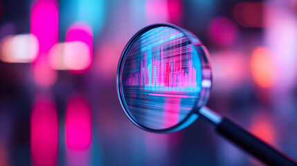 Poster - Magnifying Glass Enlarging Pink And Blue Data Charts In A Blurred Neon Background