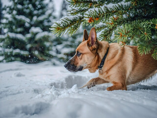Wall Mural - dog sniffing snow beneath a fir tree on a winter walk.