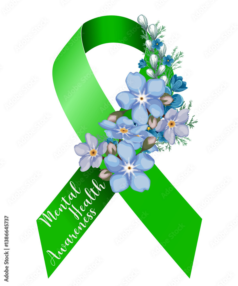 Mental Health Awareness Green Ribbon with Forget me not Flowers ...