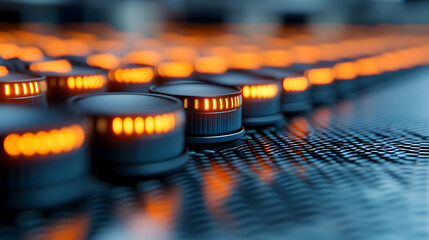 Poster - Glowing Orange Knobs on Dark Blue Metallic Surface