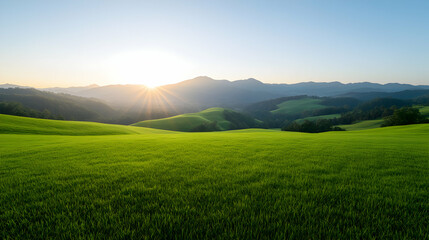 Wall Mural - sunrise over rolling green hills and distant mountains