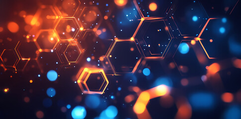 Aufkleber - Abstract Tech Hexagon: A vibrant and captivating digital artwork of interconnected hexagonal structures, bathed in a radiant glow of neon orange and cool blue hues, symbolizing connectivity, data.
