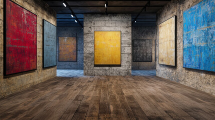 Poster - Modern Art Gallery Interior with Colorful Abstract Paintings on Textured Walls and Wooden Floor