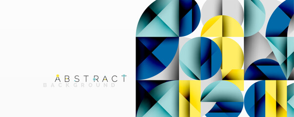 Poster - Geometric shapes, blue, yellow, gray. Modern design, abstract composition. Clean lines, minimalist aesthetic. Bright colors, dynamic pattern.