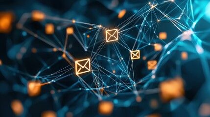 Poster - A surreal visual of email data flowing across interconnected nodes in a network
