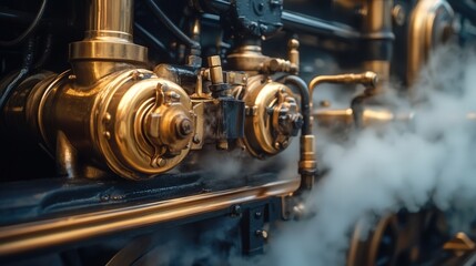  - vintage steam locomotive, highlighting the intricate mechanical parts, aged brass, and thick steam pouring from the engine, creating a nostalgic and powerful atmosphere.