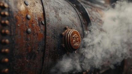 Poster - vintage steam locomotive, the rich textures of its metal exterior and aged paintwork stand out as the locomotive releases a cloud of steam, bringing a sense of history to life.