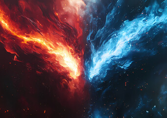Aufkleber - Abstract Harmony of Fire and Ice: Captivating abstract artwork featuring a vibrant juxtaposition of fiery red and cool blue elements, symbolizing the dynamic interplay of opposing forces.