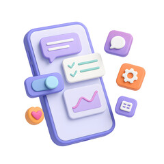 Poster - 3D mobile UI PNG icon isolated on transparent background – smartphone interface with app buttons, chat and digital layout elements.
