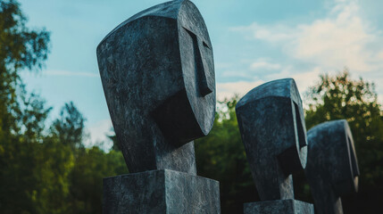 Poster - Abstract Sculptures of Human Heads in Outdoor Park Surrounded by Lush Greenery and Sky