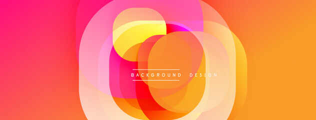 Poster - Bright vibrant circles overlap creating abstract colorful design. Gradient shades of orange, pink, yellow present modern aesthetic. Smooth transitions, dynamic composition.