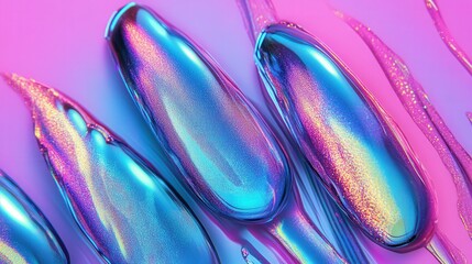 Poster - bold abstract holographic design in neon blue, purple, pink, yellow, and mint, with metallic textures that reflect 80s, 90s, and 2000s retro and new wave influences.