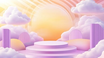 Fototapete - abstract backdrop with pastel geometric shapes and clouds in purple, pink, and yellow perfectly complements a podium for cosmetic product promotions