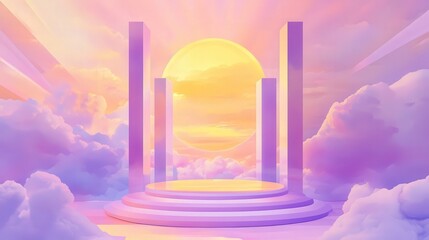 Fototapete - abstract backdrop with pastel geometric shapes and clouds in purple, pink, and yellow perfectly complements a podium for cosmetic product promotions