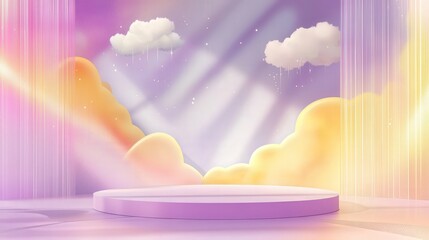 Fototapete - abstract backdrop with pastel geometric shapes and clouds in purple, pink, and yellow perfectly complements a podium for cosmetic product promotions