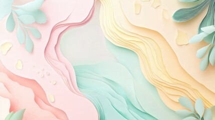 Poster - calming abstract background with layered cut paper elements in pastel shades like blush pink, soft yellow, and mint green.