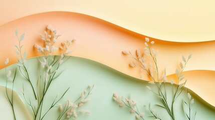 Poster - calming abstract background with layered cut paper elements in pastel shades like blush pink, soft yellow, and mint green.