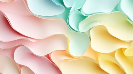 Poster - calming abstract background with layered cut paper elements in pastel shades like blush pink, soft yellow, and mint green.