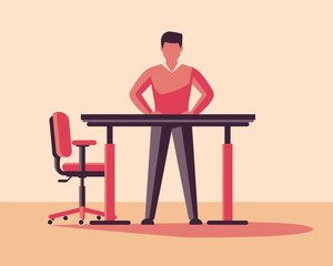Poster - Man standing at adjustable desk with office chair. Standing desk and ergonomic office furniture concept vector design.