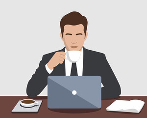 Poster - Relaxed Businessman Enjoying Coffee Break with Laptop and Book at Desk