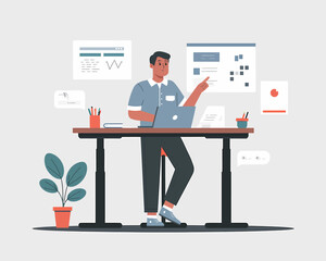 Poster - Man at Standing Desk Analyzing Data, Presenting Business Strategy, Flat Vector Illustration