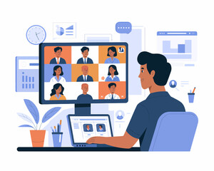 Poster - Illustration of a Man Attending Virtual Meeting on Computer with Colleagues, Remote Work and Online Collaboration Concept