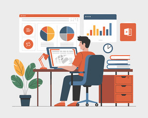Poster - Man working on data analysis with charts and graphs. Office worker studies business performance data on a computer at home.