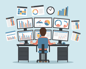 Poster - Stock Trader Analyzing Market Data on Multiple Screens for Investment Strategy and Financial Performance