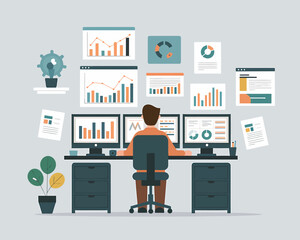 Poster - Data Analysis: Man Analyzing Business Data on Multiple Monitors, Charts, and Graphs